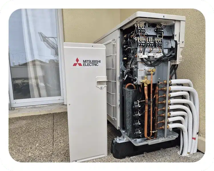 groupe extérieur Mitsubishi d’une climatisation réversible installée à Miribel